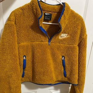 Nike Crop Cropped Sherpa Fleece Brown Orange 1/4 Zip Pullover Sweatshirt Medium